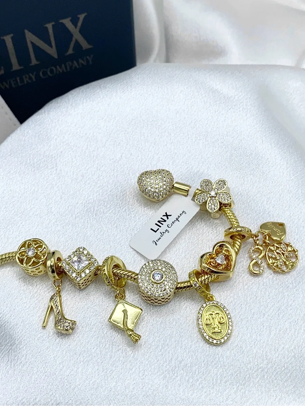 Linx Yellow Gold Snake Chain Charm Bracelet with Lawyer Themed Charms